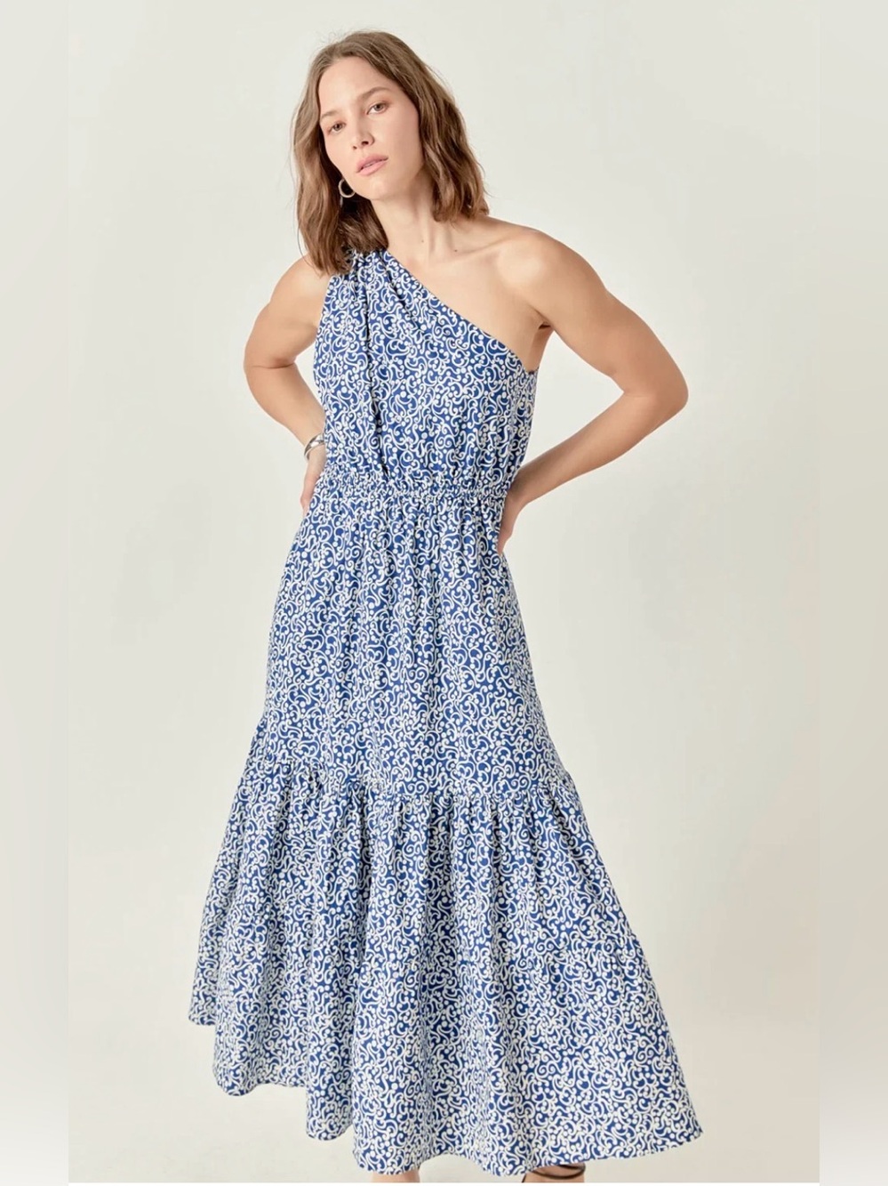 NWT ENGLISH FACTORY Blue White Floral One Shoulder Maxi Dress Small